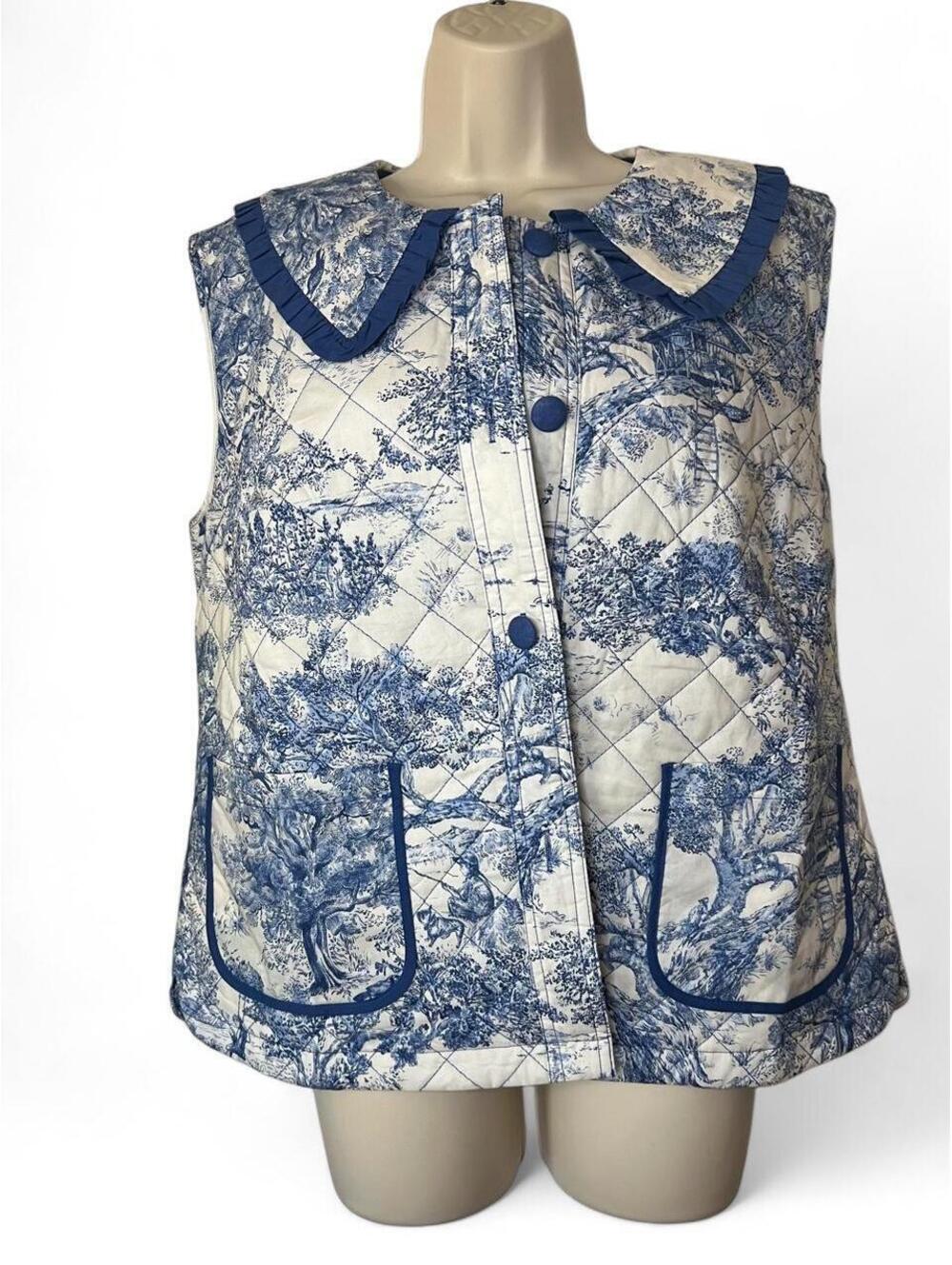 Umgee Blue White Toile Quilted Vest Statement Ruffle Peter Pan Collar